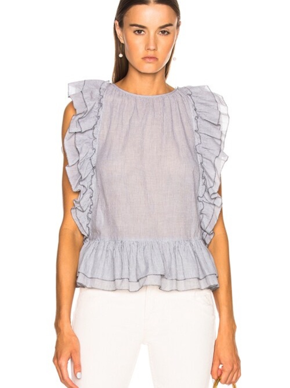 Ulla Johnson Ruffle Sleeve Cotton Blend Top in Light Blue